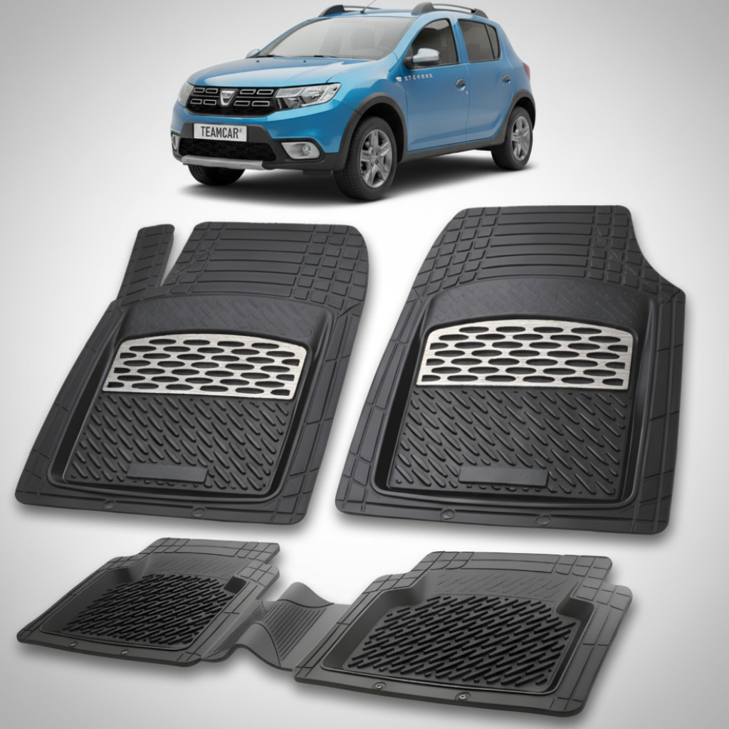 set de covorase din cauciuc negre cu accente gri cu o dacia sandero ii stepway albastra in fundal