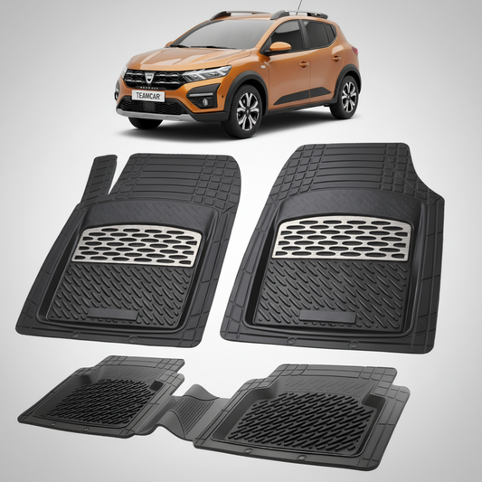 set de covorase din cauciuc negre cu accente gri cu o dacia sandero iii stepway portocalie in fundal