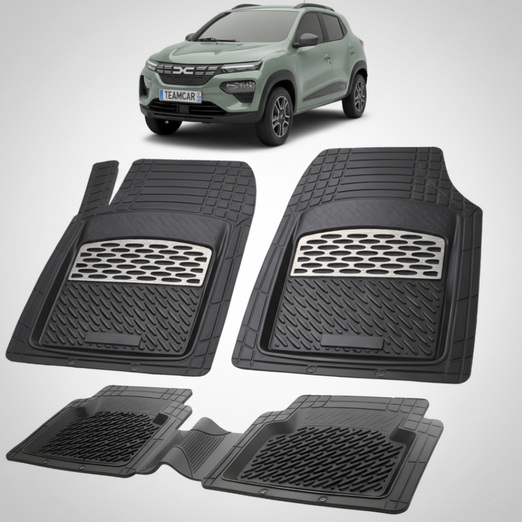 set de covorase din cauciuc negre cu accente gri cu o dacia spring verde in fundal