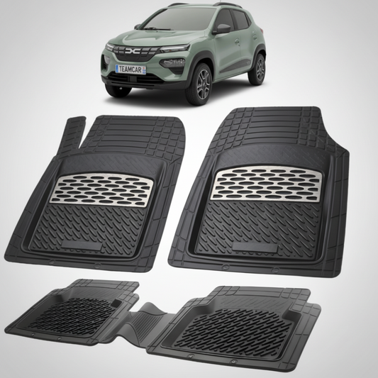 set de covorase din cauciuc negre cu accente gri cu o dacia spring verde in fundal