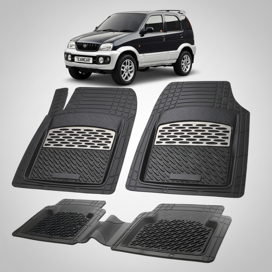 Set of black car floor mats with a small car image in the corner.