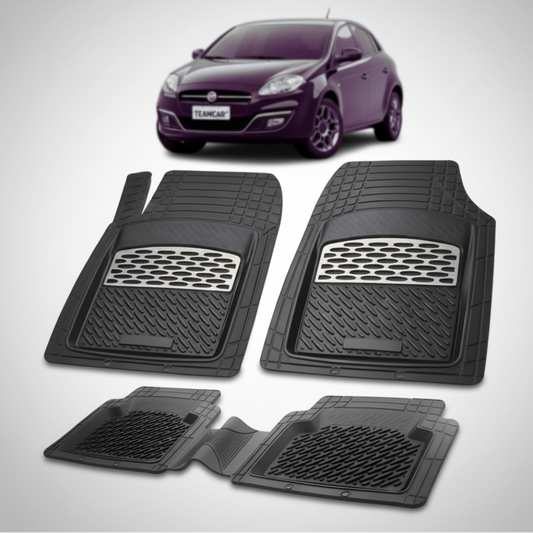 set de covorase din cauciuc negre cu accente gri cu un fiat bravo facelift hatchback negru in fundal
