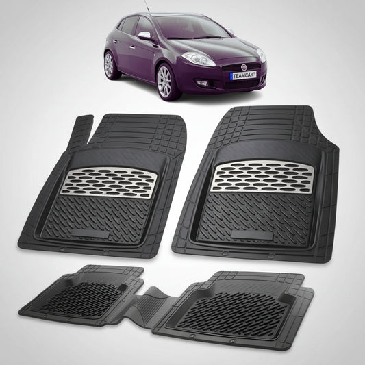 set de covorase din cauciuc negre cu accente gri cu un fiat bravo hatchback negru in fundal