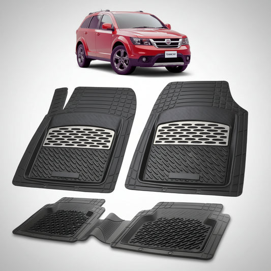 set de covorase din cauciuc negre cu accente gri cu un fiat freemont facelift suv rosu in fundal