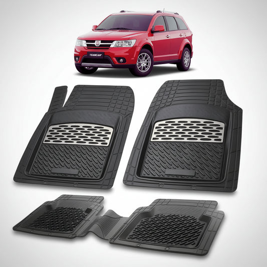 set de covorase din cauciuc negre cu accente gri cu un fiat freemont suv rosu in fundal
