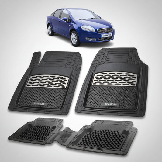 set de covorase din cauciuc negre cu accente gri cu un fiat linea sedan albastru in fundal