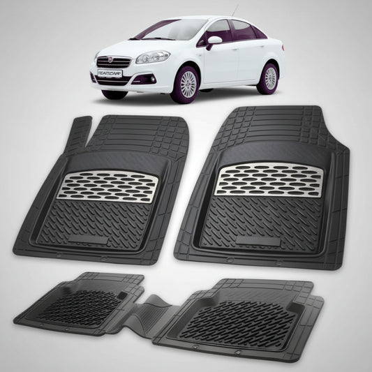 set de covorase din cauciuc negre cu accente gri cu un fiat linea facelift sedan alb in fundal