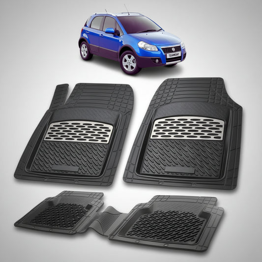set de covorase din cauciuc negre cu accente gri cu un fiat sedici suv albastru in fundal