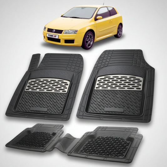 set de covorase din cauciuc negre cu accente gri cu un fiat stilo hatchback 3 usi galben in fundal