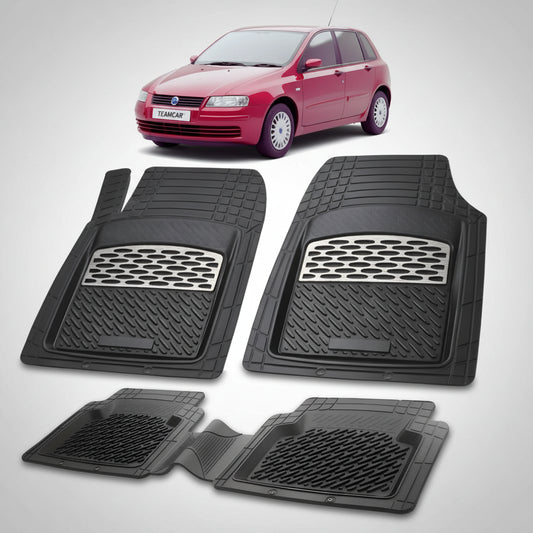 set de covorase din cauciuc negre cu accente gri cu un fiat stilo hatchback facelift 5 usi rosu in fundal