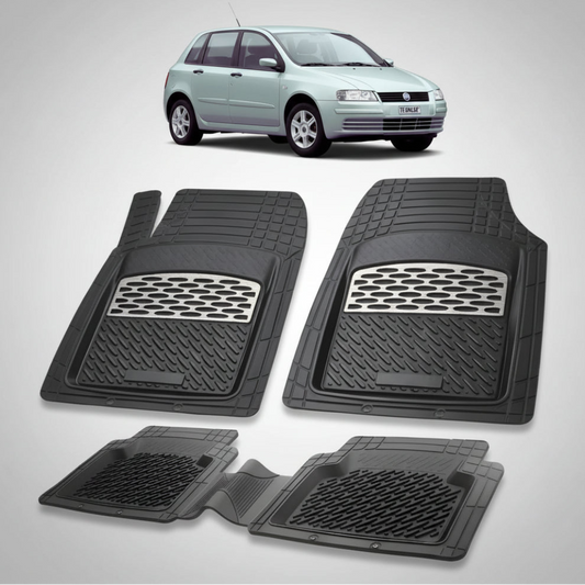 set de covorase din cauciuc negre cu accente gri cu un fiat stilo hatchback 5 usi gri in fundal