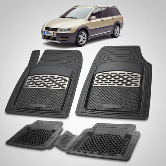 set de covorase din cauciuc negre cu accente gri cu un fiat stilo station wagon facelift maro deschis in fundal