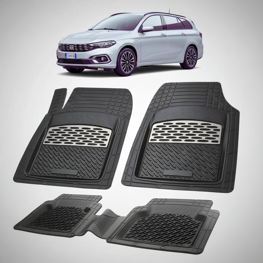 set de covorase din cauciuc negre cu accente gri cu un fiat tipo facelift station wagon gri in fundal