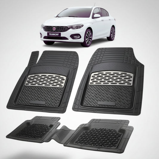 set de covorase din cauciuc negre cu accente gri cu un fiat tipo sedan alb in fundal