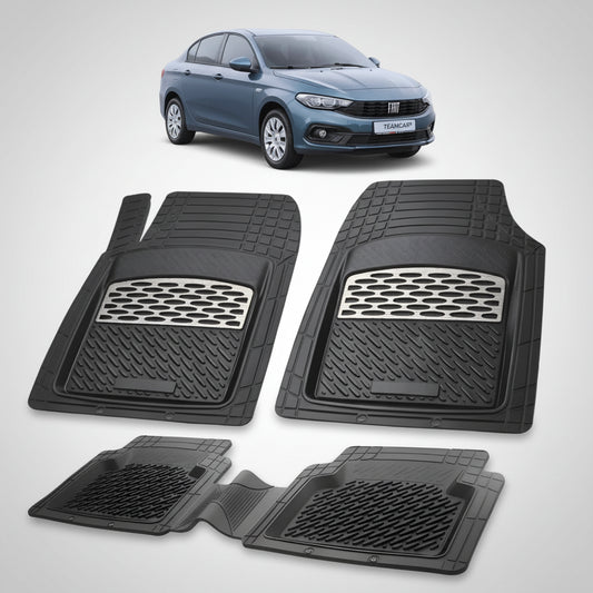 set de covorase din cauciuc negre cu accente gri cu un fiat tipo sedan facelift bleu in fundal