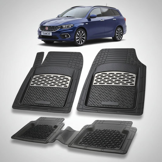 set de covorase din cauciuc negre cu accente gri cu un fiat tipo station wagon gri in fundal