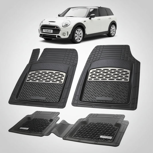 set de covorase din cauciuc negre cu accente gri cu un mini clubman f54 alba in fundal
