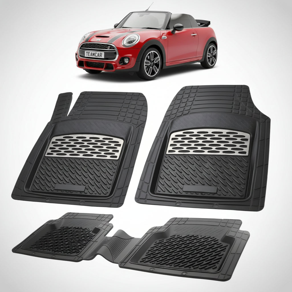 set de covorase din cauciuc negre cu accente gri cu un mini convertible f57 rosie in fundal