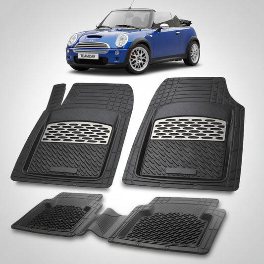 set de covorase din cauciuc negre cu accente gri cu un mini convertible r52 albastra in fundal