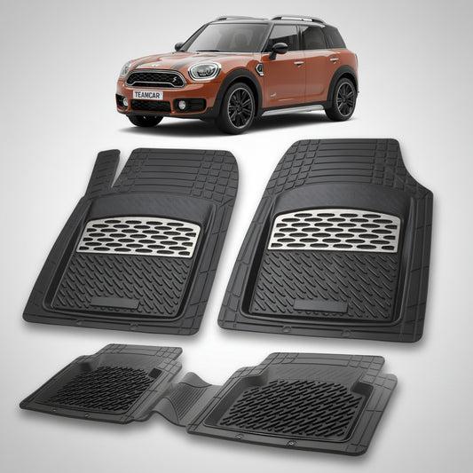 set de covorase din cauciuc negre cu accente gri cu un mini countryman f60 maro in fundal