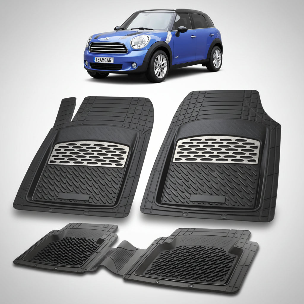 set de covorase din cauciuc negre cu accente gri cu un mini countryman r60 suv albastru in fundal