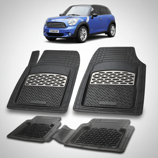set de covorase din cauciuc negre cu accente gri cu un mini countryman r60 suv albastru in fundal