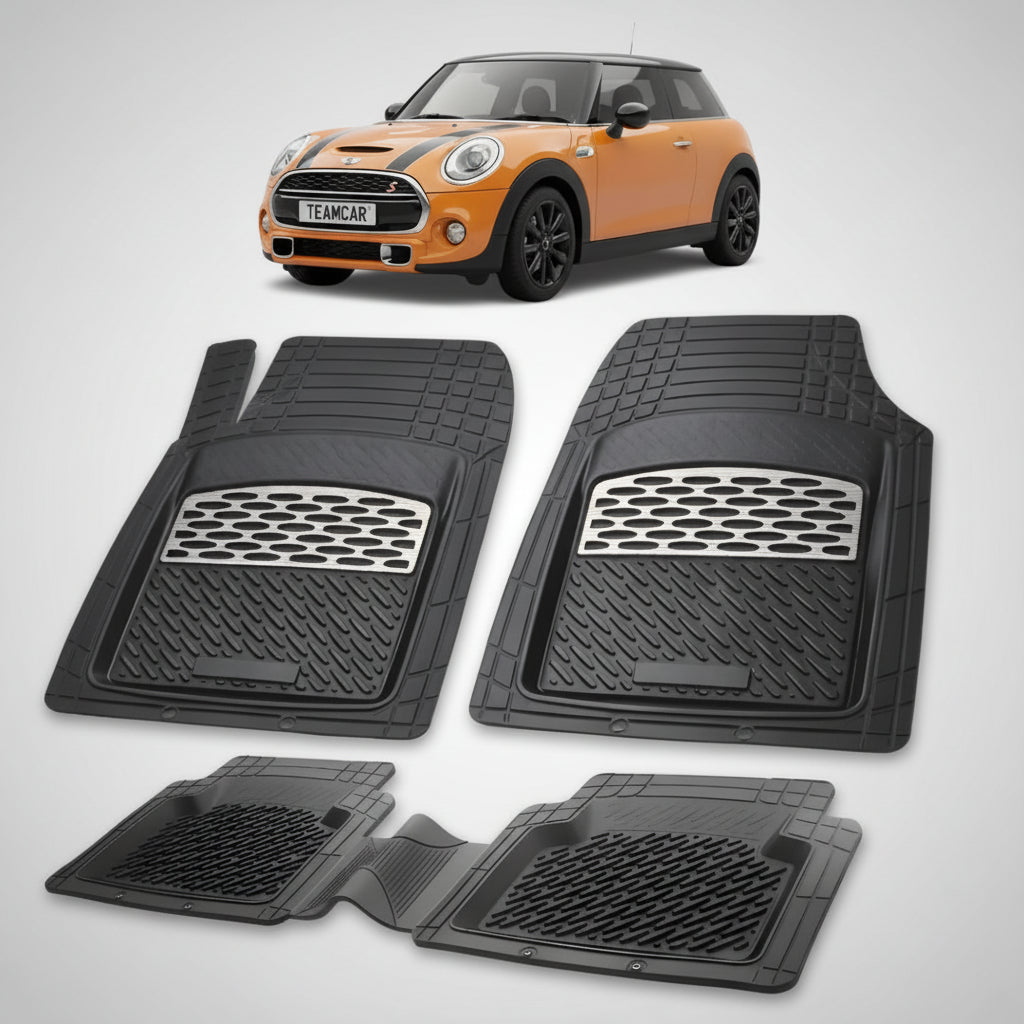 set de covorase din cauciuc negre cu accente gri cu un mini hatchback f55 f56 portocalie in fundal