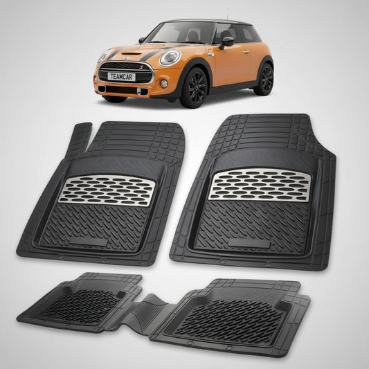 set de covorase din cauciuc negre cu accente gri cu un mini hatchback f55 f56 portocalie in fundal