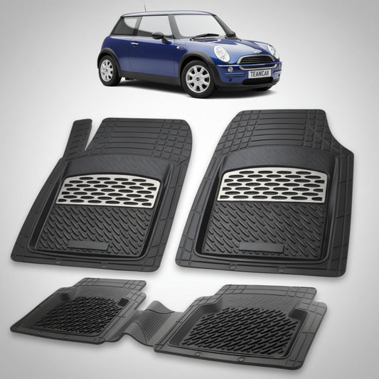 set de covorase din cauciuc negre cu accente gri cu un mini hatchback r50 r53 albastru in fundal