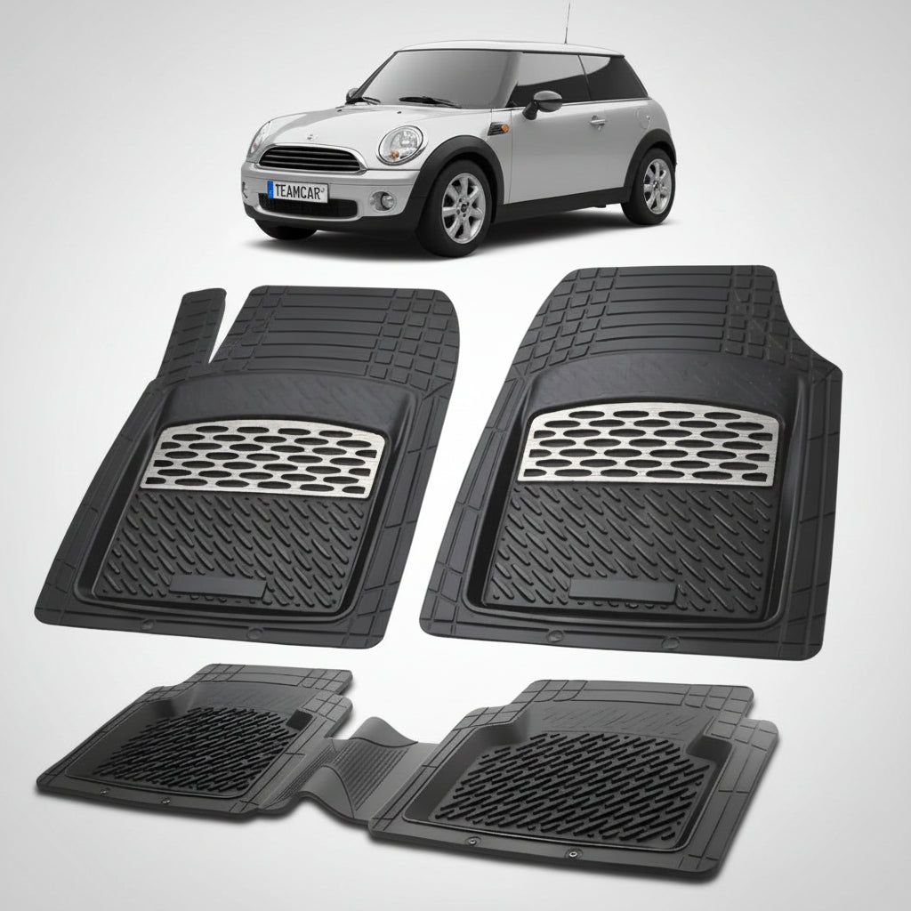set de covorase din cauciuc negre cu accente gri cu un mini hatchback r56 alb in fundal