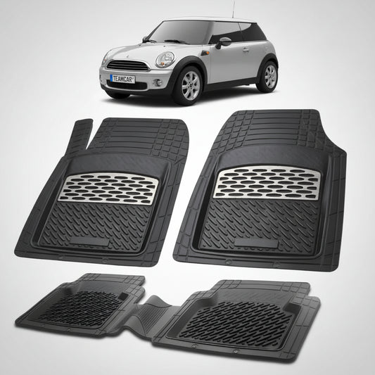 set de covorase din cauciuc negre cu accente gri cu un mini hatchback r56 alb in fundal