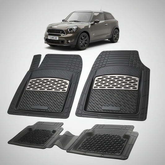 set de covorase din cauciuc negre cu accente gri cu un mini paceman r61 gri inchis in fundal