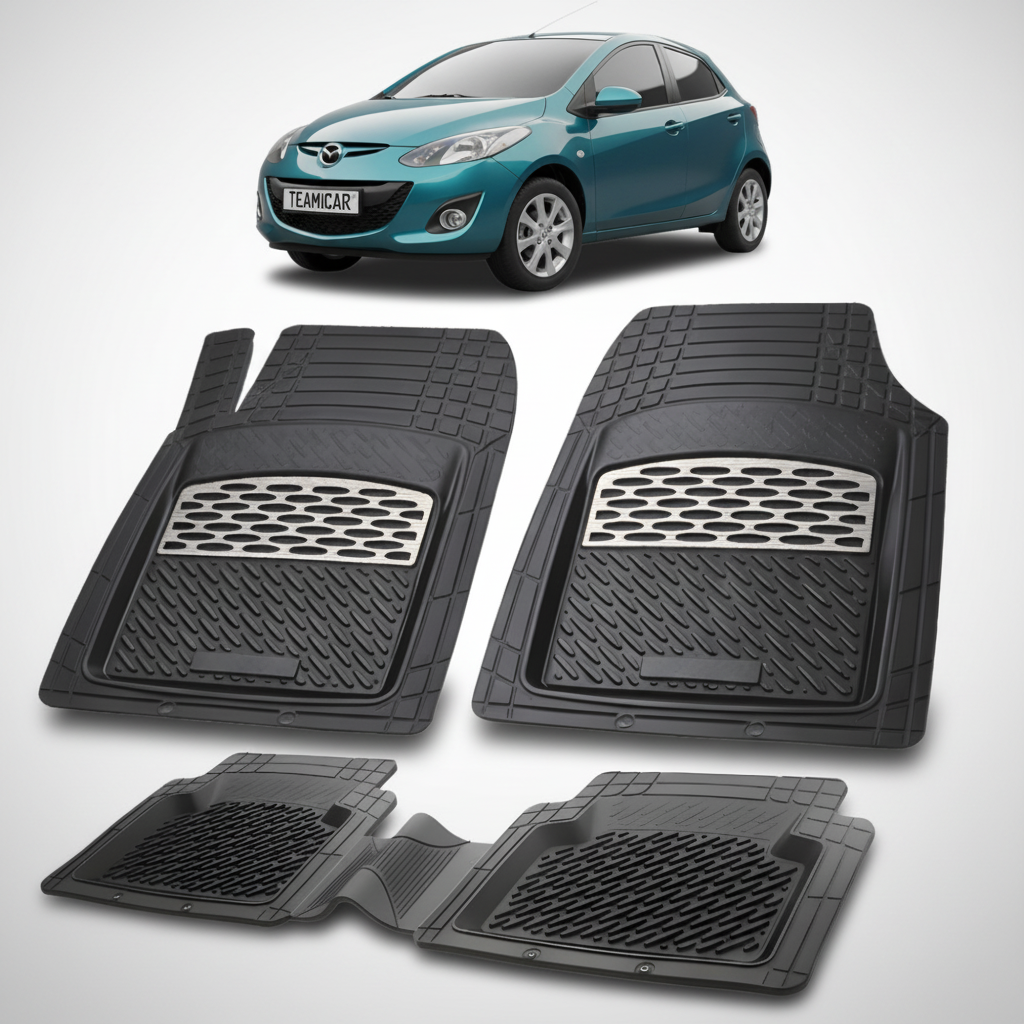 set de covorase din cauciuc negre cu accente gri cu o mazda 2 de facelift hatchback 5 usi albastru verzui  in fundal