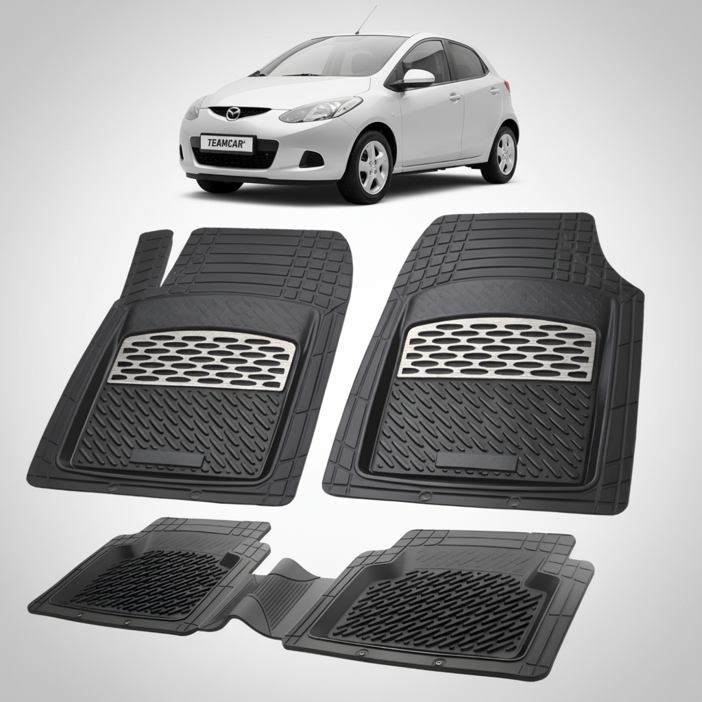set de covorase din cauciuc negre cu accente gri cu o mazda 2 de hatchback 5 usi argintiu in fundal