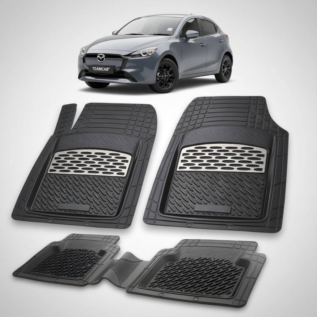 set de covorase din cauciuc negre cu accente gri cu o mazda 2 dj facelift 2 hatchback 5 usi gri inchis in fundal