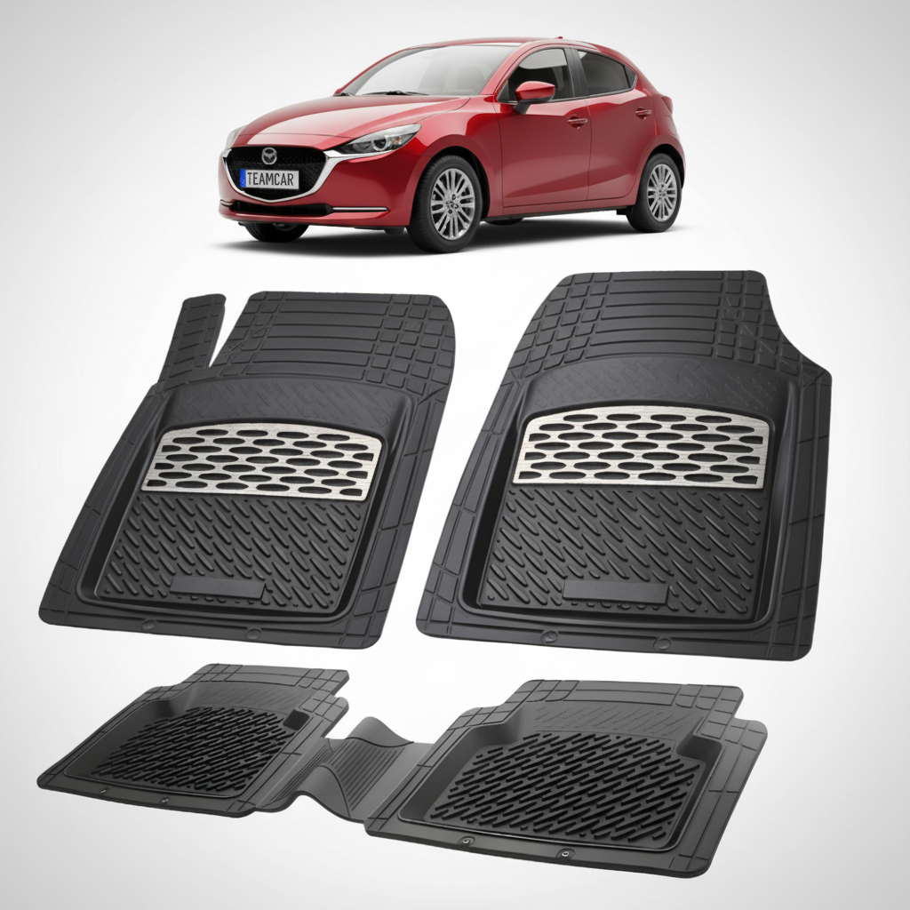 set de covorase din cauciuc negre cu accente gri cu o mazda 2 dj facelift hatchback 5 usi rosie  in fundal