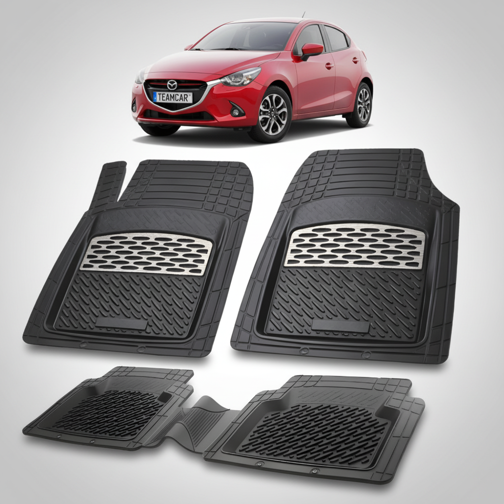 set de covorase din cauciuc negre cu accente gri cu o mazda 2 generatia iii rosie in fundal