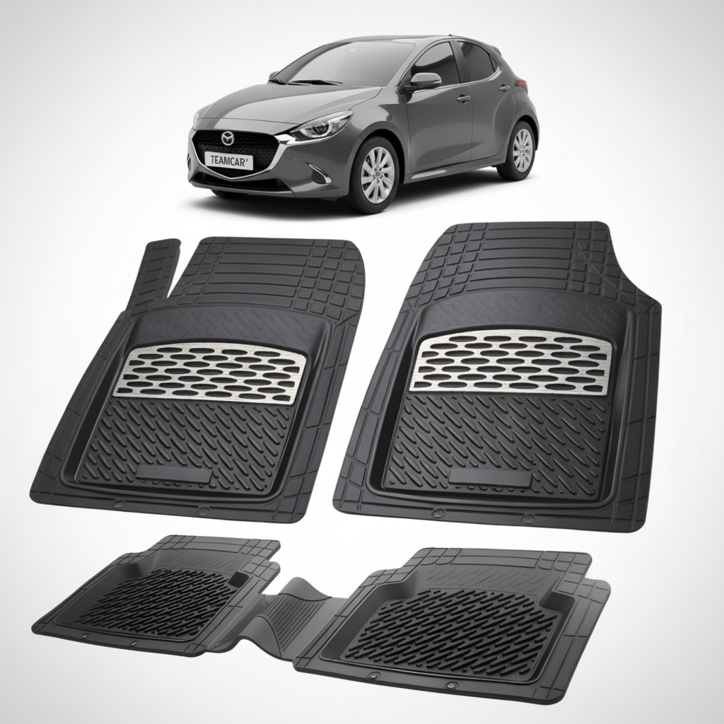 set de covorase din cauciuc negre cu accente gri cu o mazda 2 generatia IV gri inchis in fundal