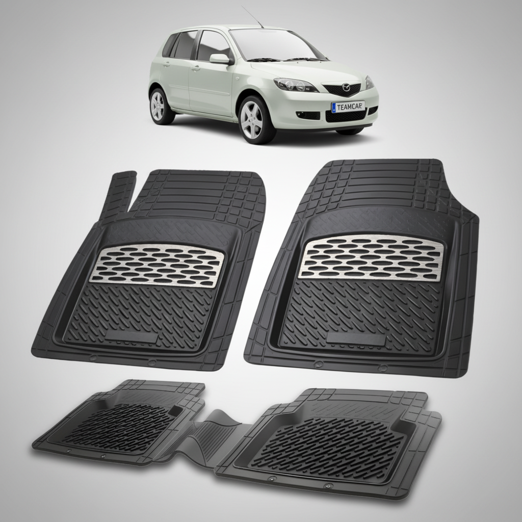 set de covorase din cauciuc negre cu accente gri cu o mazda 2 generatia i argintie in fundal