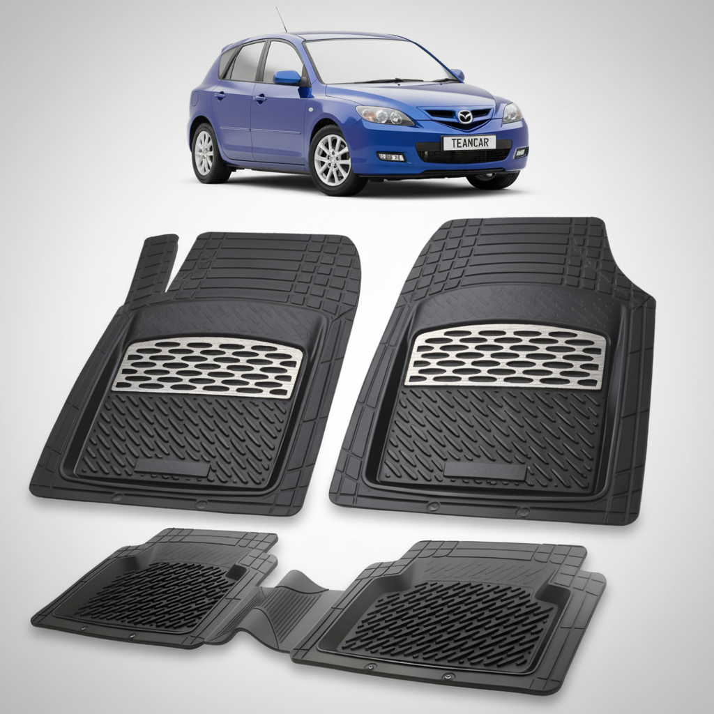 set de covorase din cauciuc negre cu accente gri cu o mazda 3 bk facelift hatchback 5 usi albastra in fundal