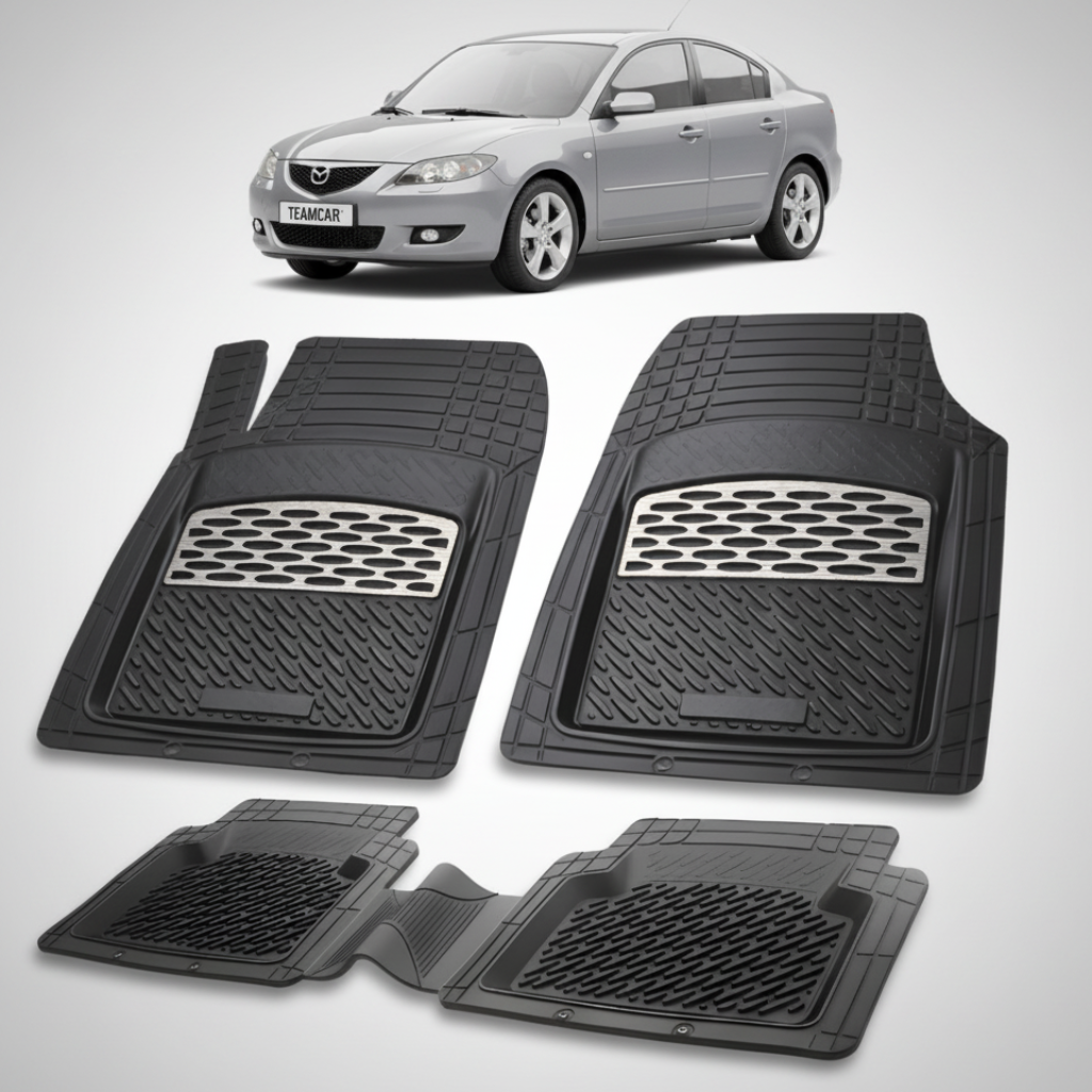 set de covorase din cauciuc negre cu accente gri cu o mazda 3 bk sedan gri deschis in fundal