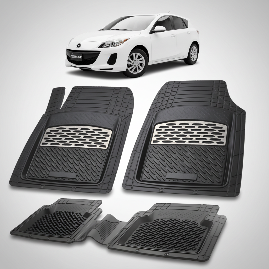 set de covorase din cauciuc negre cu accente gri cu o mazda 3 bl facelift hatchback 5 usi alba in fundal