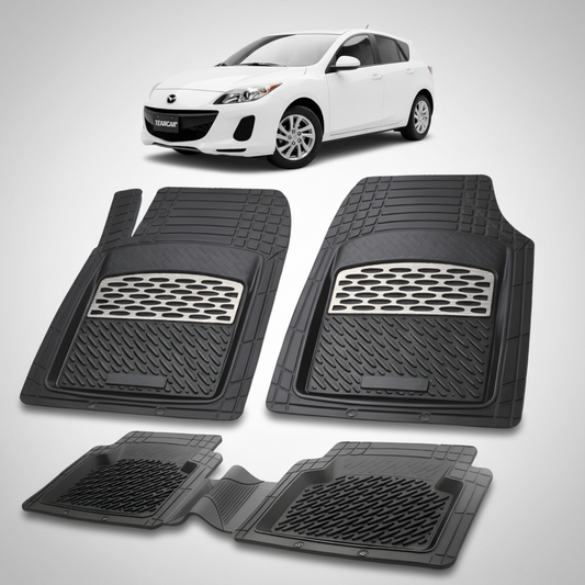 set de covorase din cauciuc negre cu accente gri cu o mazda 3 bl facelift hatchback 5 usi alba in fundal