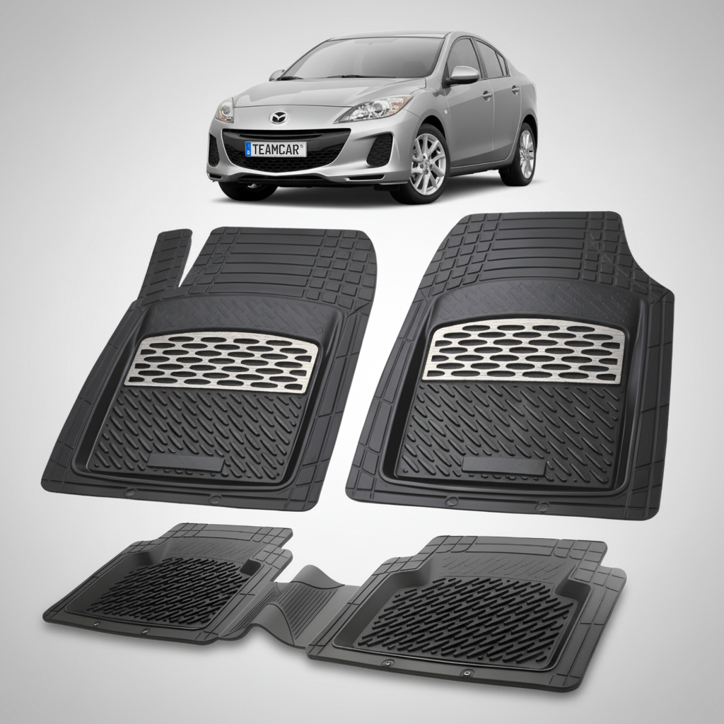 set de covorase din cauciuc negre cu accente gri cu o mazda 3 bl facelift sedan gri inchis in fundal