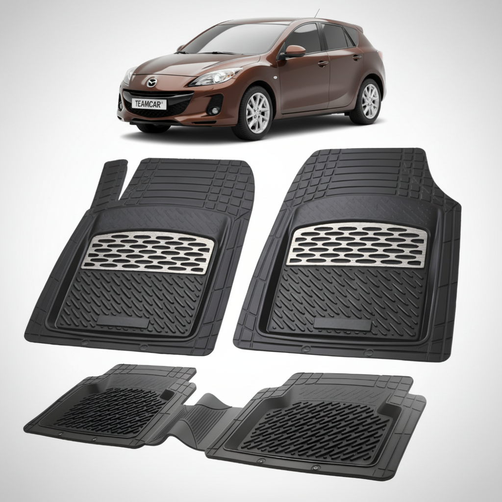 set de covorase din cauciuc negre cu accente gri cu o mazda 3 bl hatchback maro in fundal
