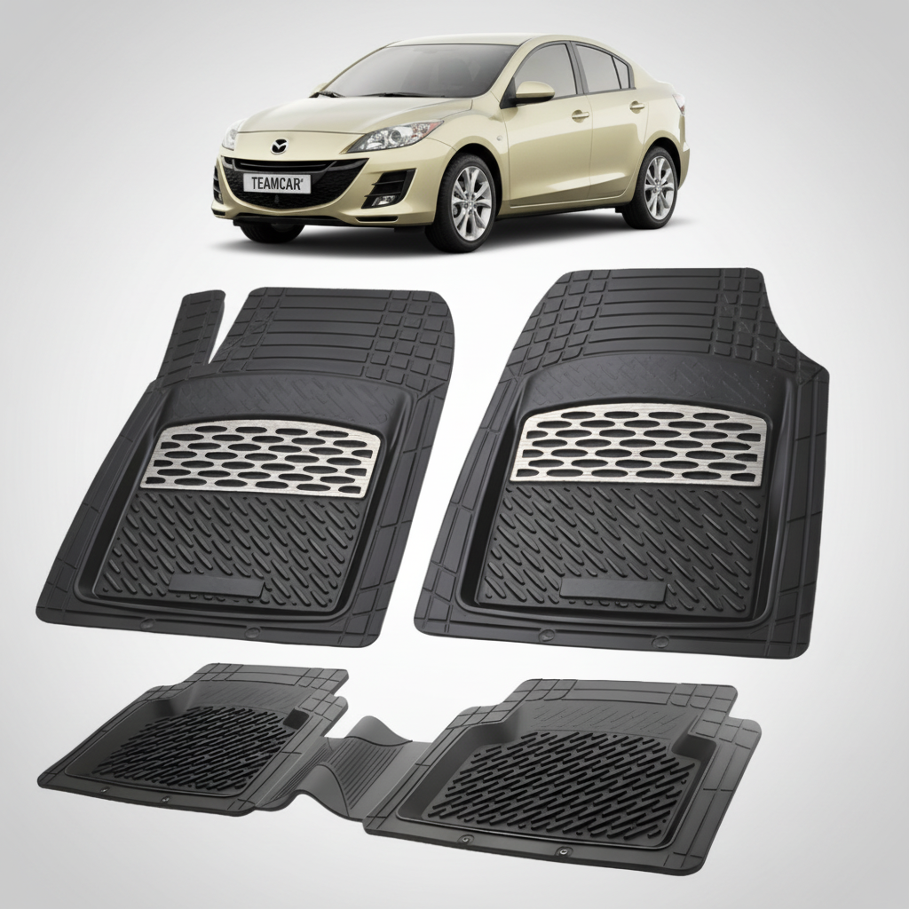 set de covorase din cauciuc negre cu accente gri cu o mazda 3 bl sedan auriu in fundal