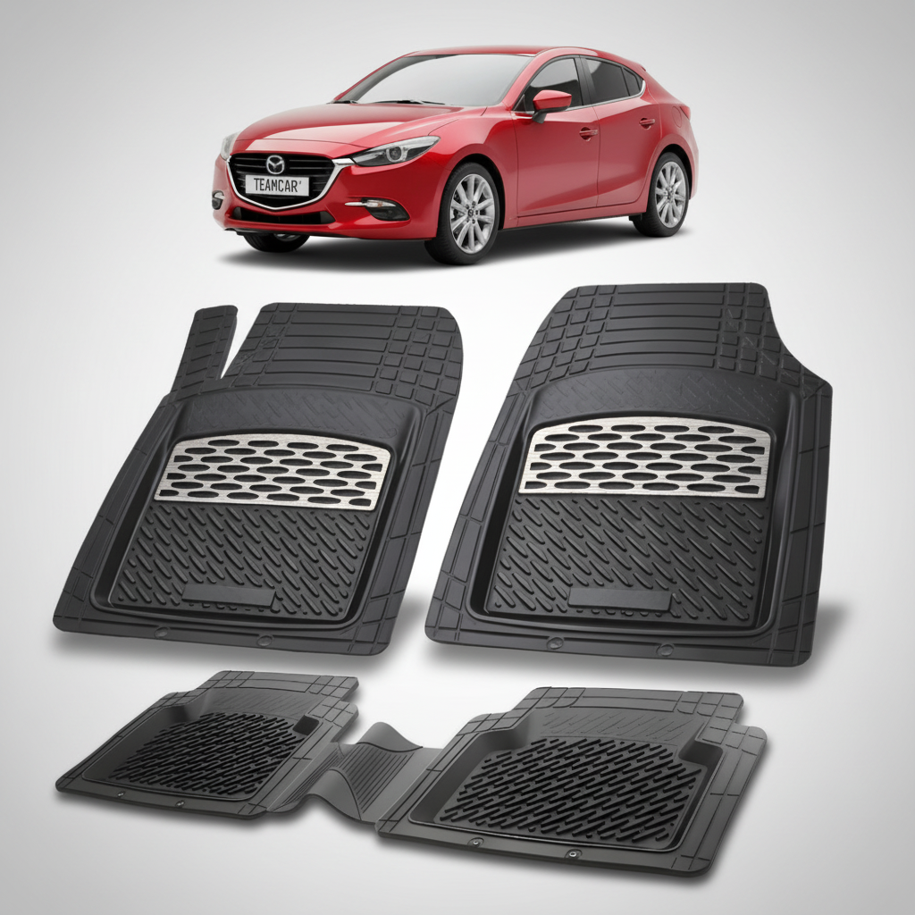 set de covorase din cauciuc negre cu accente gri cu o mazda 3 bn facelift hatchback 5 usi rosie in fundal