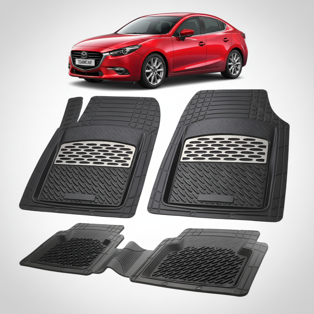 set de covorase din cauciuc negre cu accente gri cu o mazda 3 bn facelift sedan rosie in fundal
