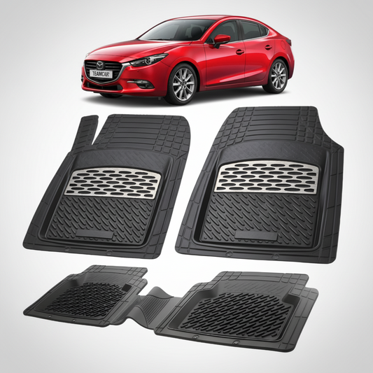 set de covorase din cauciuc negre cu accente gri cu o mazda 3 bn facelift sedan rosie in fundal