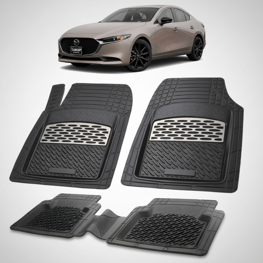 set de covorase din cauciuc negre cu accente gri cu o mazda 3 bp facelift sedan bronz deschis in fundal